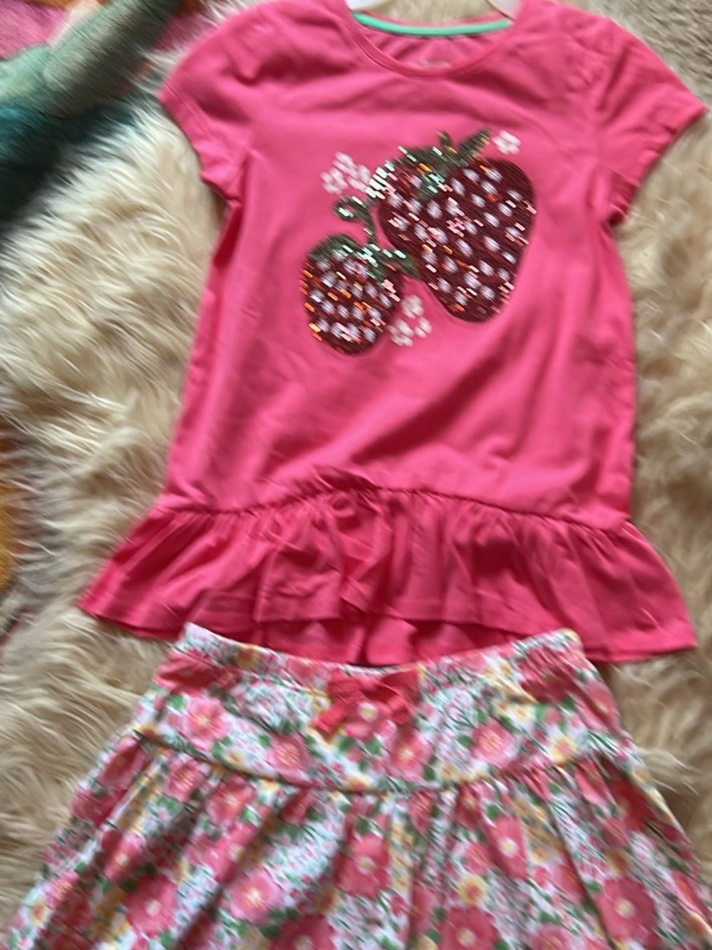 Tommy Bahama Girls Hot Pink Sequin Strawberry top and floral skort set